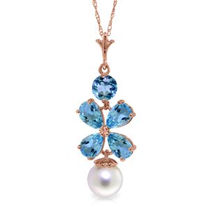 ALARRI 14K Solid Rose Gold Necklace w/ Blue Topaz & Pearl