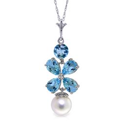 ALARRI 3.65 Carat 14K Solid White Gold Piece Of Sky Blue Topaz Pearl Necklace