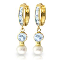 ALARRI 4.3 CTW 14K Solid Gold Hoop Earrings Pearl Aquamarine