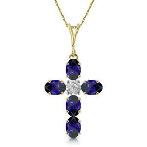 ALARRI 1.88 Carat 14K Solid Gold Cross Necklace Natural Diamond Sapphire