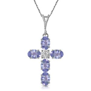 ALARRI 1.75 Carat 14K Solid White Gold Cross Necklace Natural Diamond Tanzanite