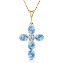 ALARRI 1.75 Carat 14K Solid Gold Cross Necklace Natural Diamond Blue Topaz