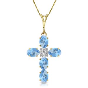 ALARRI 1.75 Carat 14K Solid Gold Cross Necklace Natural Diamond Blue Topaz