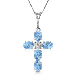 ALARRI 1.75 Carat 14K Solid White Gold Cross Necklace Natural Diamond Blue Topaz