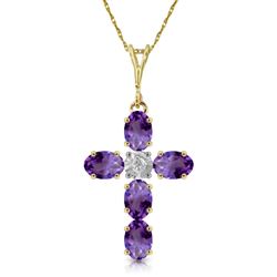 ALARRI 1.75 Carat 14K Solid Gold Cross Necklace Natural Diamond Purple Amethyst