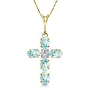 ALARRI 1.75 Carat 14K Solid Gold Cross Necklace Natural Diamond Aquamarine