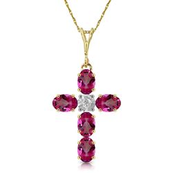 ALARRI 1.88 Carat 14K Solid Gold Cross Necklace Natural Diamond Pink Topaz