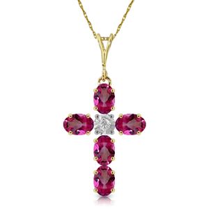 ALARRI 1.88 Carat 14K Solid Gold Cross Necklace Natural Diamond Pink Topaz