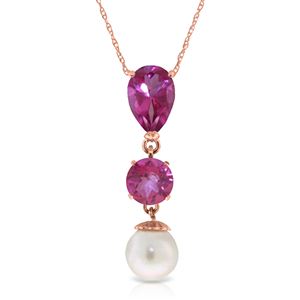 ALARRI 5.25 Carat 14K Solid Rose Gold Necklace Pink Topaz Pearl