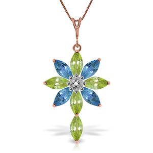 ALARRI 14K Solid Rose Gold Necklace w/ Diamond, Peridot & Blue Topaz