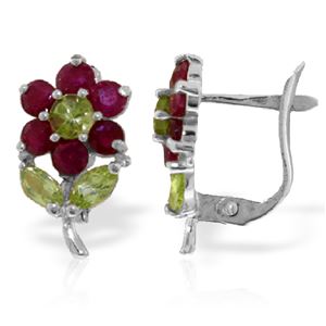 ALARRI 2.12 Carat 14K Solid White Gold Flowers Stud Earrings Ruby Peridot