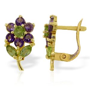 ALARRI 2.12 Carat 14K Solid Gold Flowers Stud Earrings Amethyst Peridot