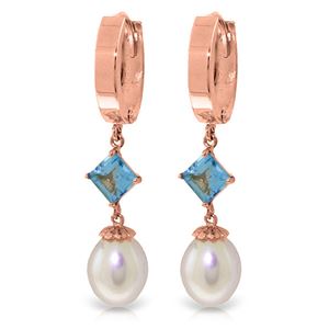 ALARRI 9.5 Carat 14K Solid Rose Gold Hoop Earrings Natural Pearl Blue Topaz