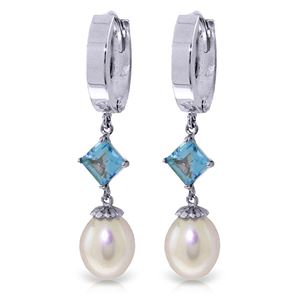 ALARRI 9.5 Carat 14K Solid White Gold Hoop Earrings Natural Pearl Blue Topaz