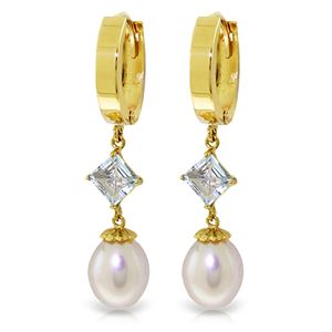 ALARRI 9.5 Carat 14K Solid Gold Hoop Earrings Natural Pearl Aquamarine