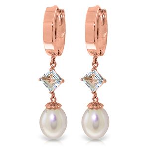 ALARRI 9.5 Carat 14K Solid Rose Gold Hoop Earrings Natural Pearl Aquamarine