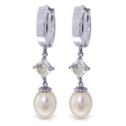 ALARRI 9.5 CTW 14K Solid White Gold Hoop Earrings Natural Pearl Aquamarine