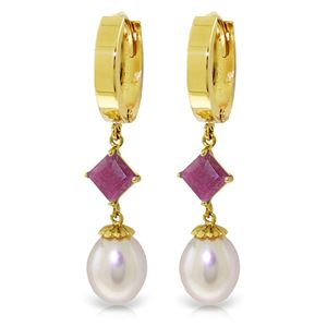 ALARRI 9.5 CTW 14K Solid Gold Hoop Earrings Natural Pearl Ruby