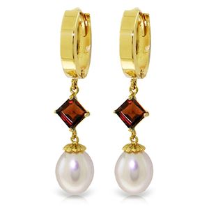 ALARRI 9.5 CTW 14K Solid Gold Hoop Earrings Natural Pearl Garnet