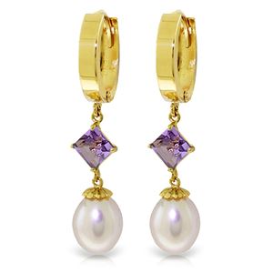 ALARRI 9.5 Carat 14K Solid Gold Hoop Earrings Natural Pearl Amethyst