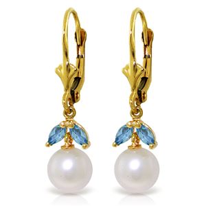 ALARRI 4.4 CTW 14K Solid Gold White Surf Blue Topaz Pearl Earrings