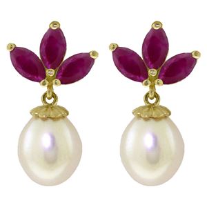 ALARRI 9.5 Carat 14K Solid Gold Dangling Earrings Pearl Ruby