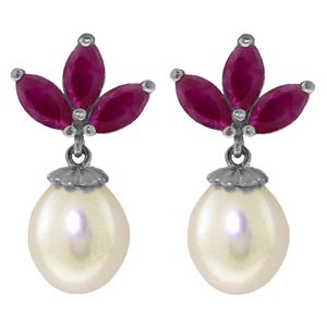 ALARRI 9.5 Carat 14K Solid White Gold Dangling Earrings Pearl Ruby