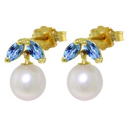 ALARRI 4.4 Carat 14K Solid Gold Stud Earrings Pearl Blue Topaz