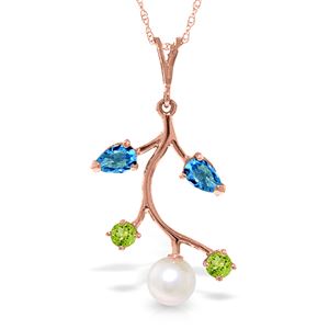 ALARRI 14K Solid Rose Gold Necklace w/ Blue Topaz, Peridots & Pearl