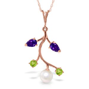 ALARRI 14K Solid Rose Gold Necklace w/ Amethyst, Peridots & Pearl