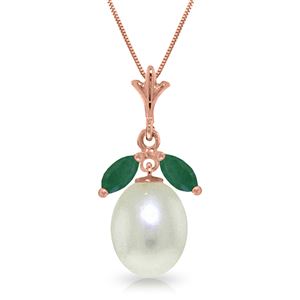 ALARRI 14K Solid Rose Gold Necklace w/ Natural Parl & Emeralds