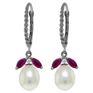 ALARRI 9 CTW 14K Solid White Gold Leverback Earrings Ruby Pearl