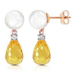 ALARRI 14K Solid Rose Gold Stud Earrings w/ Diamonds, Citrine & Pearl