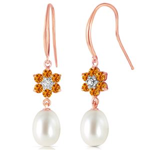 ALARRI 14K Solid Rose Gold Fish Hook Earrings w/ Diamonds, Citrines & Pearls