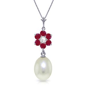 ALARRI 4.53 Carat 14K Solid White Gold Necklace Natural Pearl, Ruby Diamond