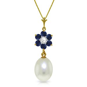 ALARRI 4.53 Carat 14K Solid Gold Necklace Natural Pearl, Sapphire Diamond