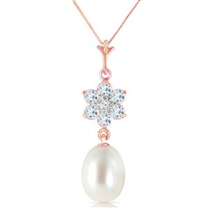 ALARRI 4.53 Carat 14K Solid Rose Gold Necklace Natural Pearl, Aquamarine Diamond