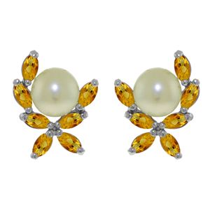 ALARRI 3.25 CTW 14K Solid White Gold Stud Earrings Natural Citrine Pearl
