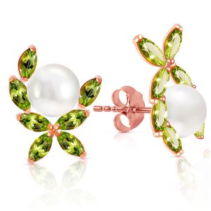 ALARRI 14K Solid Rose Gold Stud Earrings w/ Natural Peridots & Pearls