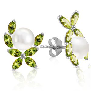 ALARRI 3.25 Carat 14K Solid White Gold Stud Earrings Natural Peridot Pearl