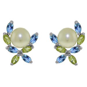ALARRI 3.25 CTW 14K Solid White Gold Stud Earrings Peridot, Blue Topaz Pearl