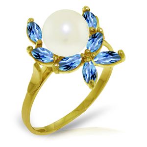 ALARRI 2.65 Carat 14K Solid Gold Ring Natural Blue Topaz Pearl