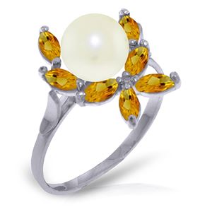 ALARRI 2.65 CTW 14K Solid White Gold Ring Natural Citrine Pearl