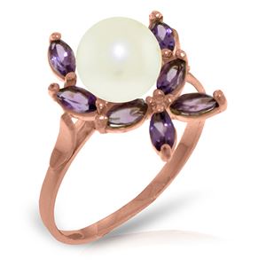 ALARRI 14K Solid Rose Gold Ring w/ Natural Amethysts & Pearl