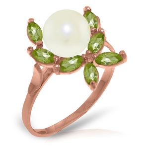 ALARRI 14K Solid Rose Gold Ring w/ Natural Peridots & Pearl