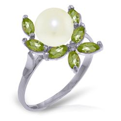 ALARRI 2.65 Carat 14K Solid White Gold Ring Natural Peridot Pearl