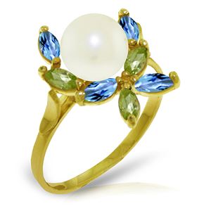 ALARRI 2.63 Carat 14K Solid Gold Ring Natural Peridot, Blue Topaz Pearl