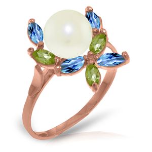 ALARRI 14K Solid Rose Gold Ring w/ Natural Peridots, Blue Topaz & Pearl