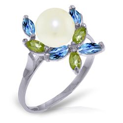 ALARRI 2.63 CTW 14K Solid White Gold Ring Natural Peridot, Blue Topaz Pearl