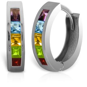 ALARRI 1 Carat 14K Solid White Gold Hoop Huggie Earrings Multi Gemstones